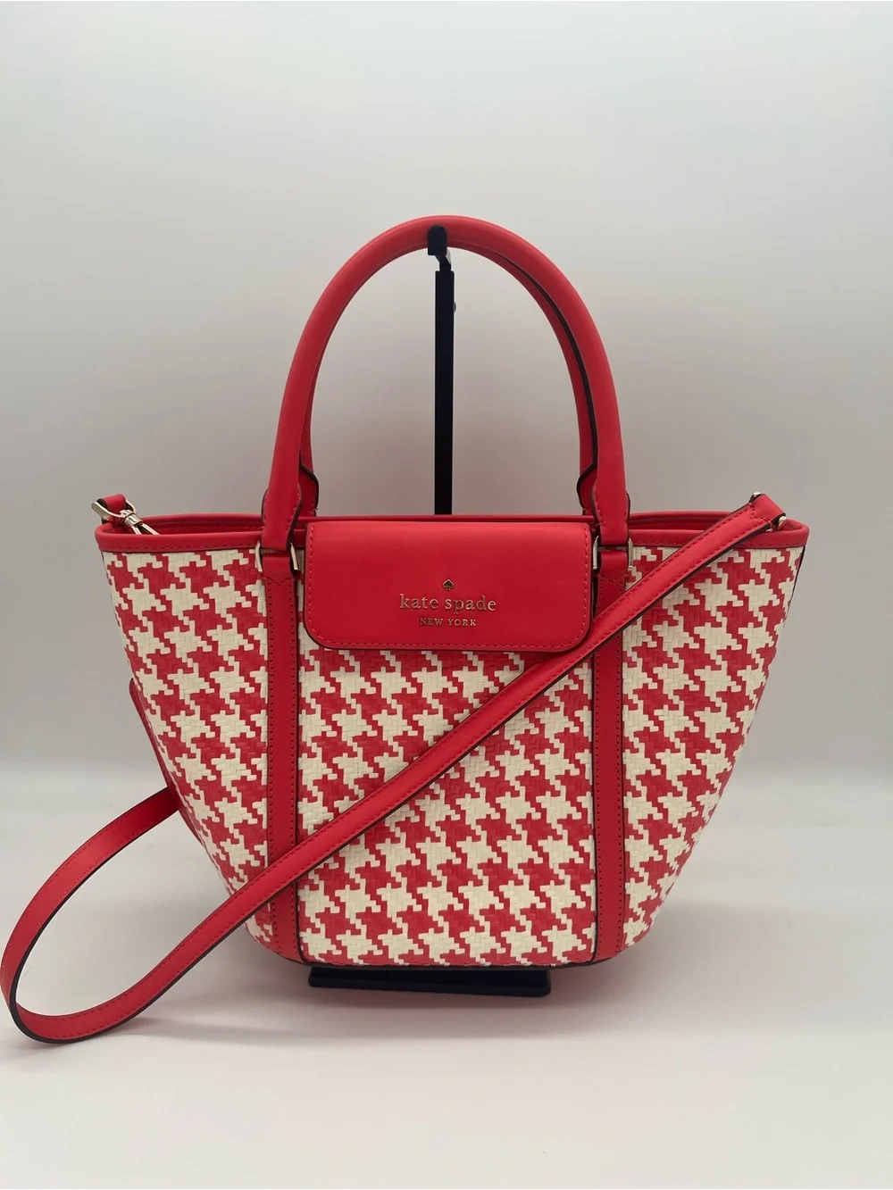 Kate Spade New York Pink & White Woven Straw Crossbody Satchel